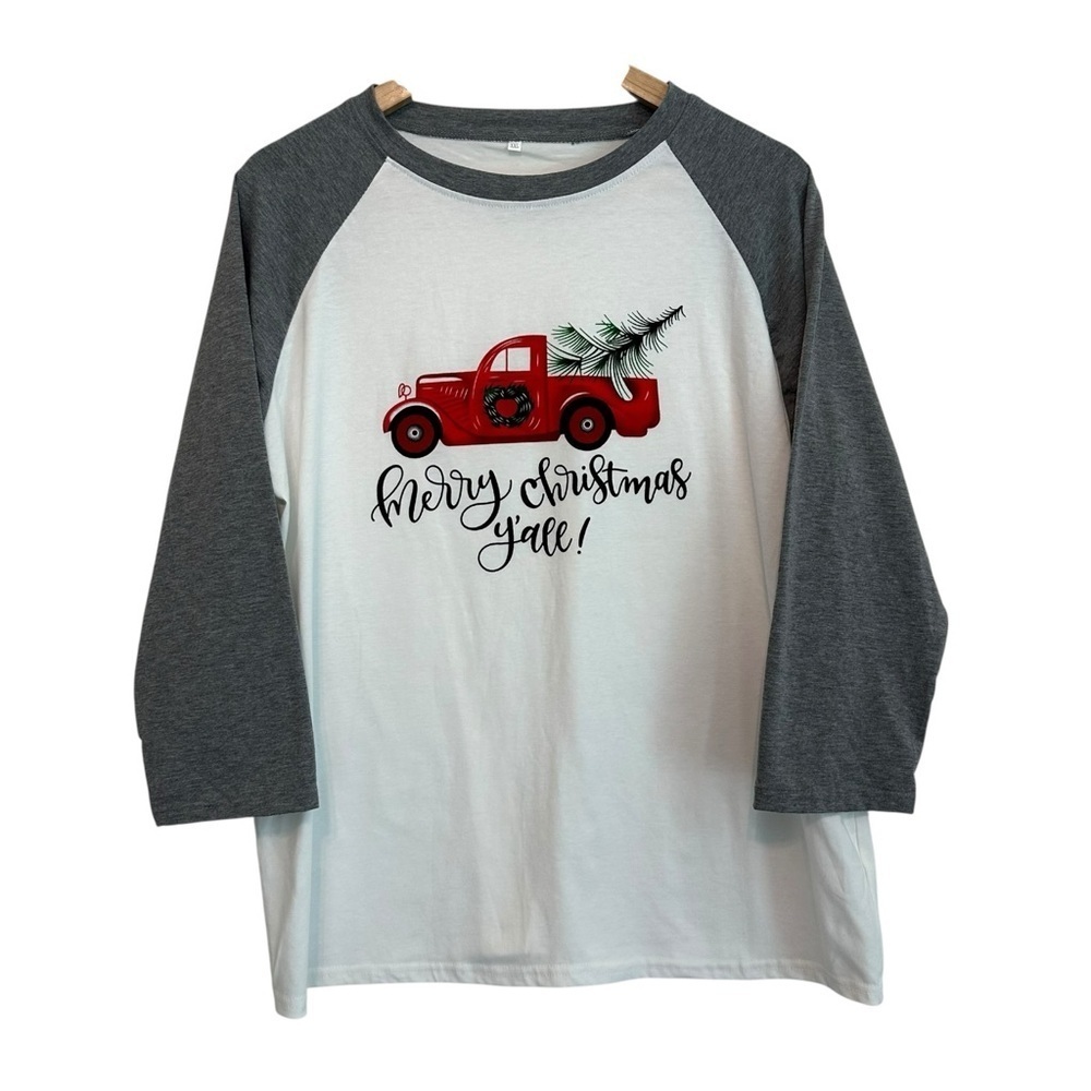 NEW Women's XXL Merry Christmas Ya'll Holiday Truck Plus Ragland T-Shirt